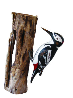 Greater Spotted Woodpecker Wood Carving D187 perched on a trunk. Fair trade