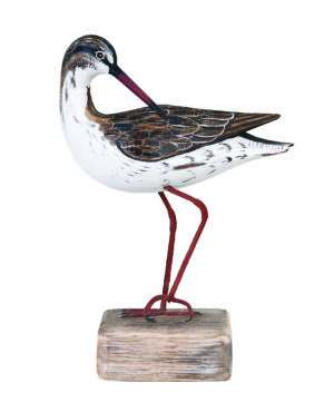 Archipelago Redshank Preening Wood Carving D247 standing on a wood block, hand carved and painted. Fair Trade