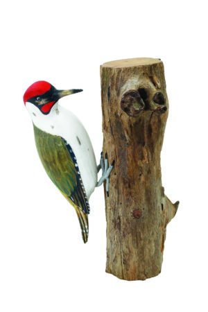 Archipelago Green Woodpecker Wood Carving D274 perched on a trunk, red and green markings. Fairtrade