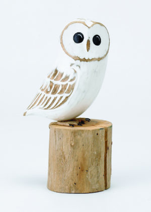 Archipelago Baby Barn Owl Wood Carving D323.white owl perched on a log. Fair trade