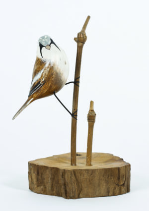 Archipelago Bearded Tit Wood Carving D377. Perched on a branch. Fair Trade