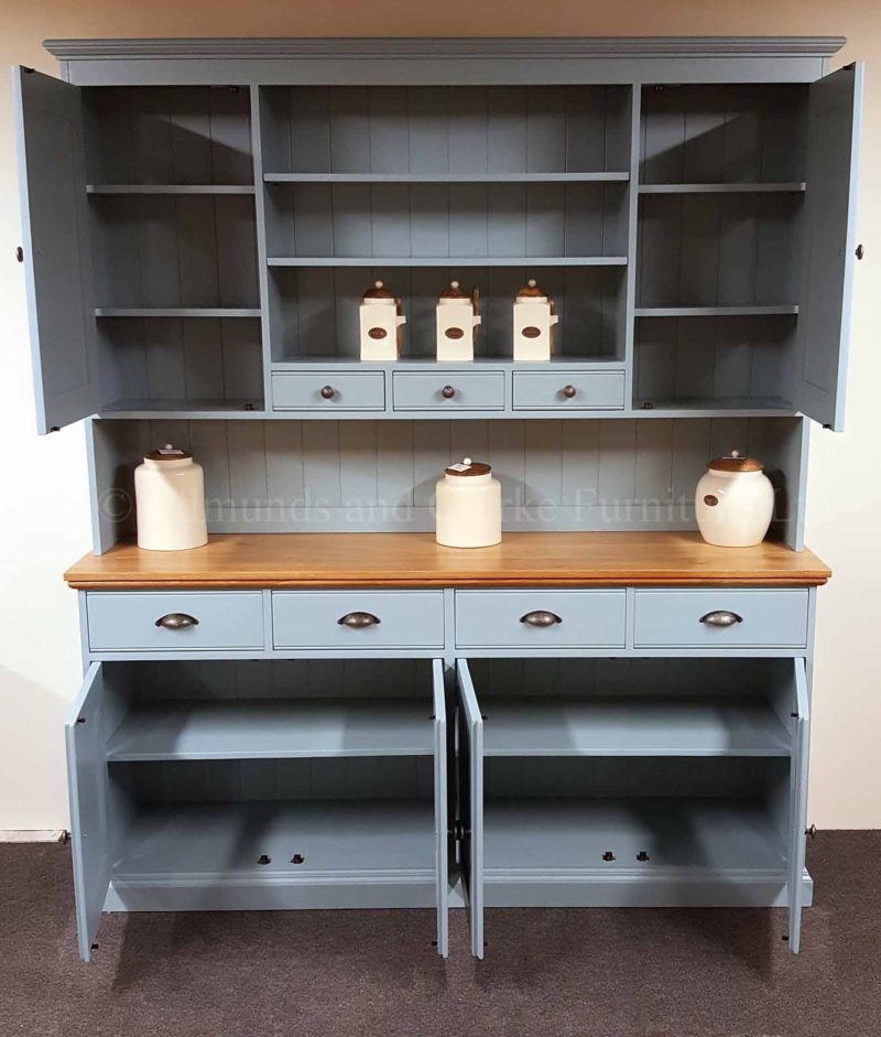 6ft wide plain painted kitchen dresser painted blue with oak top
