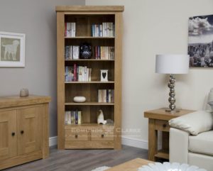 Hadleigh solid oak chunky 2 drawer large bookcase . rustic square knobs and adjustable drawers. light lacquer oak finish