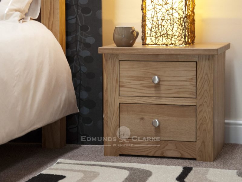 solid oak two drawer bedside chest, chrome tapered knobs