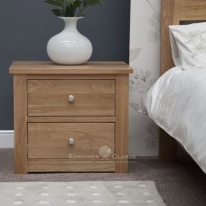 solid oak two drawer wide bedside chrome tapered knobs