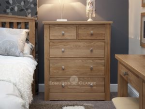 solid oak chest of drawers with two small drawers at top and three below, square edge design, chrome tapered knob