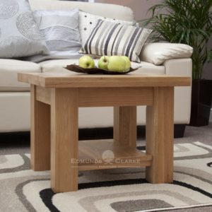 solid oak chunky square leg coffee table with magazine shelf, 2 feet by 2 feet square