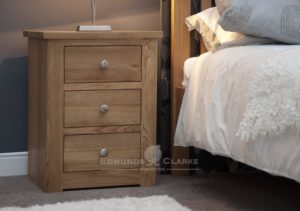 solid oak three drawer bedside chest tapered chrome knobs