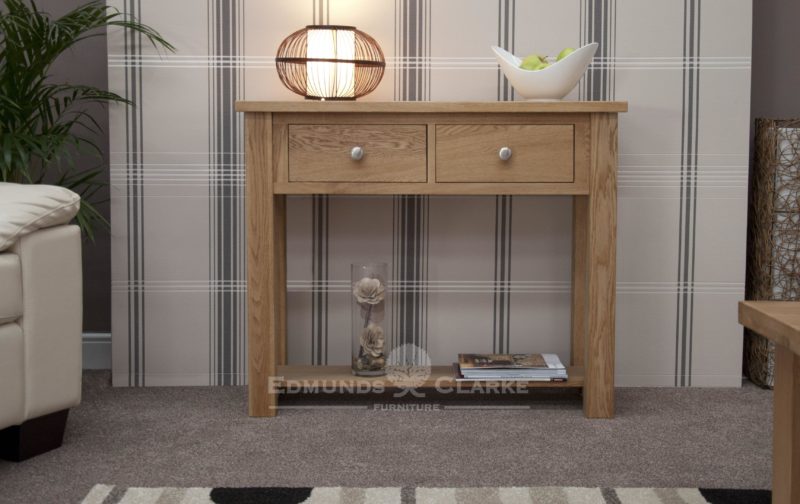 solid oak chunky hall table with two drawers and shelf below