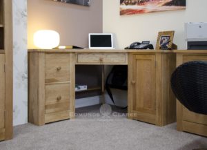 solid oak corner computer desk with two filing drawers and cupboard