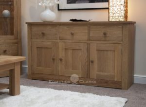 solid oak three door three drawer sideboard all square edge design with chrome tapered knobs