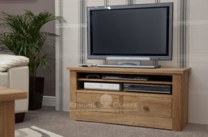solid oak chunky square edge tv stand with two drawer below and open space with one adjustable shelf 110cm wide