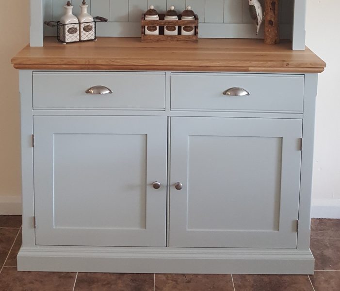 image showing a Edmunds Half glazed dresser with oak top and details of rounded returns and oxford grove on doors and drawers