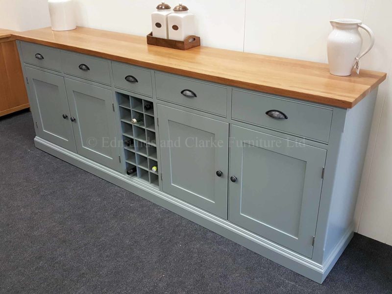 7ft sideboard five drawer, four door and central wine rack, choice of paint colours and oak top