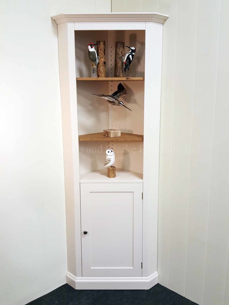Edmunds painted white narrow corner cupboard waxed shelves