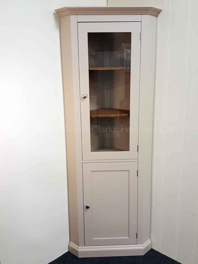 Edmunds Painted Standard Corner Cupboard Glazed top door with panelled cupboard under. Pine shelves lots of options available