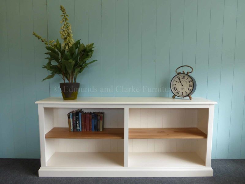Edmunds painted low long double bookcase with oak shelves