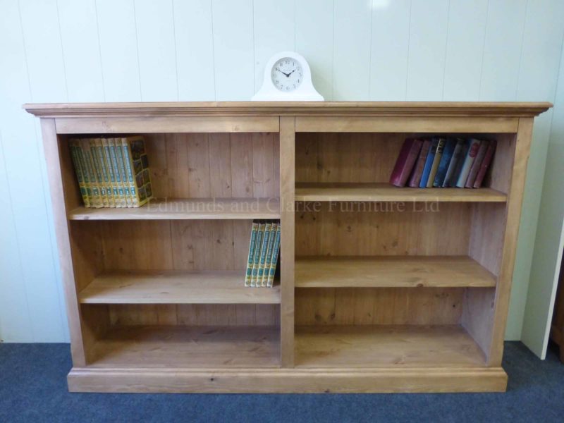 Edmunds long low waxed pine bookcase with adjustable shelves