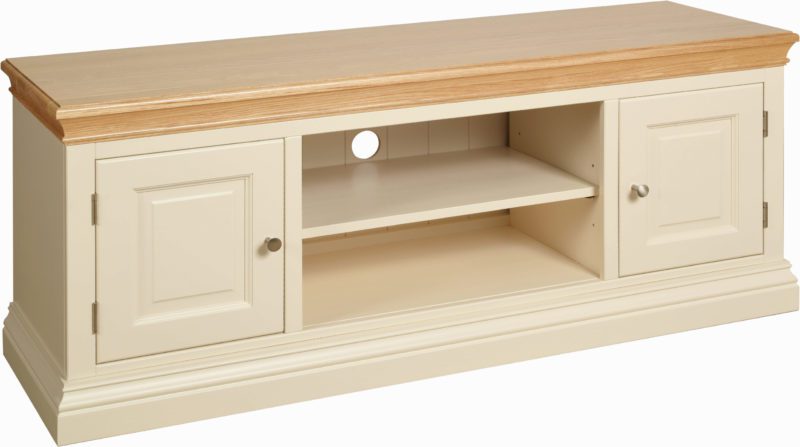 Lundy Painted 2 Door TV Unit. moulded oak top, centre shelf for sky boxes or dvd
