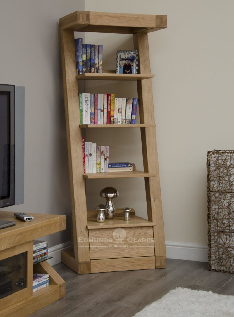 Solid oak narrow Z shape bookcase with drawer and four shelves above Z1NBC