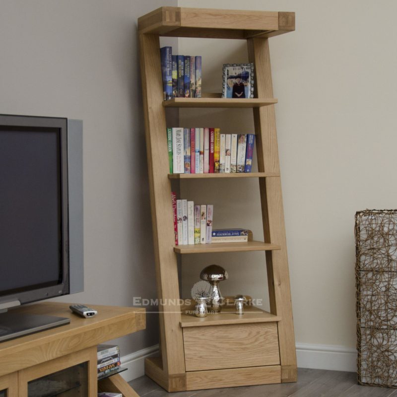 Z designer solid oak designed furniture narrow bookcase with drawer and four shelves
