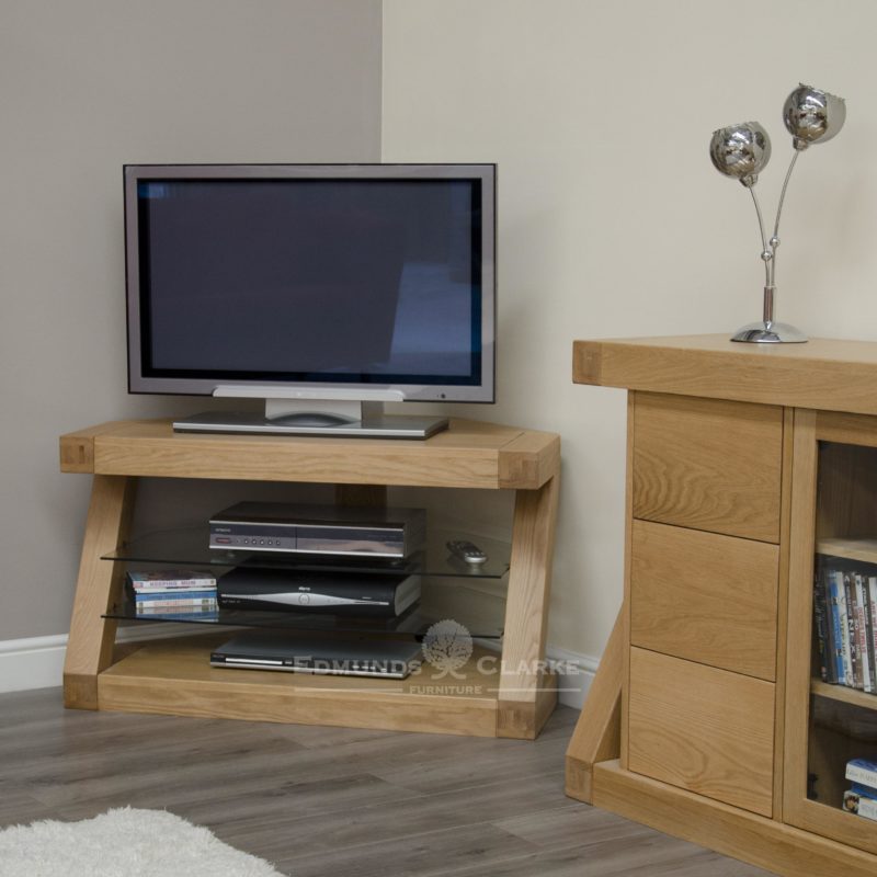 Z designer modern shaped solid oak corner tv entertainment stand ZCORTV