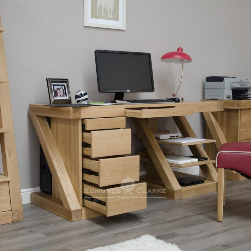 Z designer solid oak large computer desk with drawers and shelving