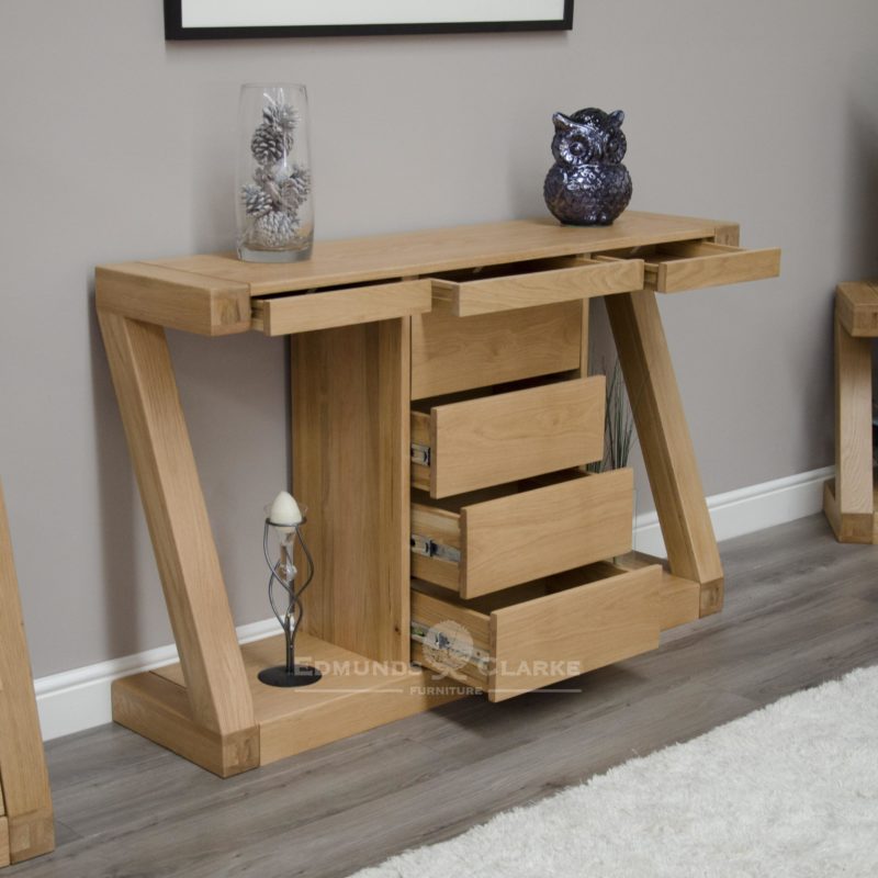 Z designer solid oak wide console table with 4 central drawer