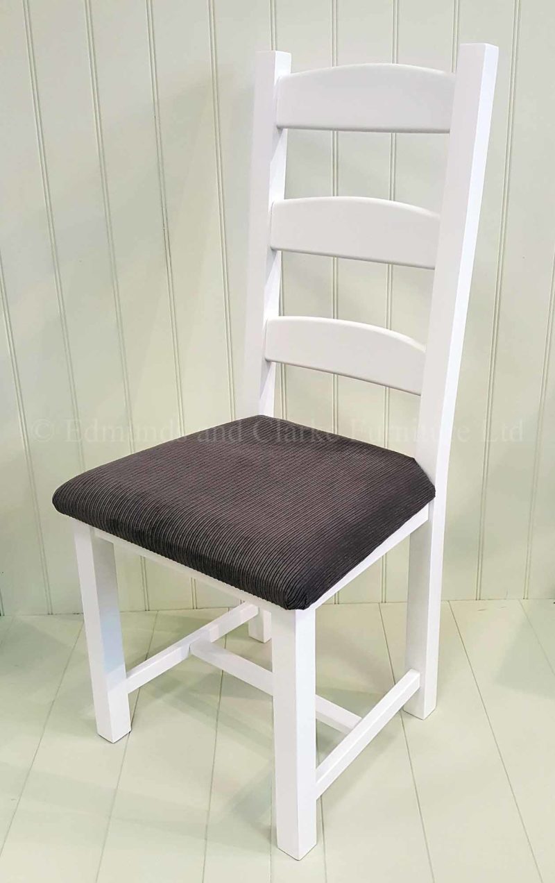 Amish painted dining chair with grey fabric seat painted white