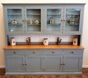 Painted 8ft Half Glazed Dresser. with oak top and matching knobs. glazed doors above