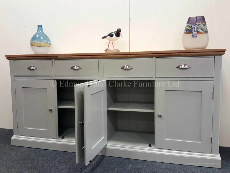 Painted sideboard 6ft wide 4 doors and drawers grey with oak top