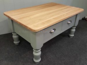 Edmunds Painted 2 Drawer Coffee Table. oak top. pine and painted top also available. 2 drawers with chrome cup handles