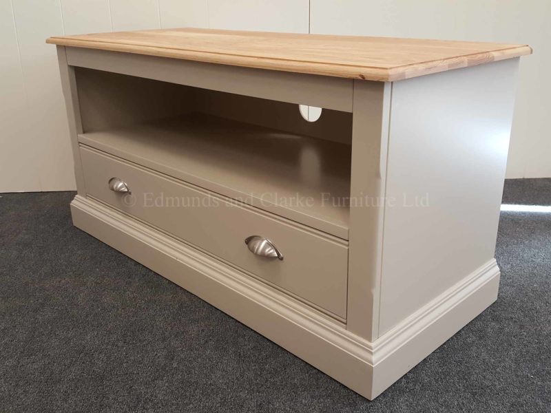 Edmunds painted one drawer television unit grey with oak top