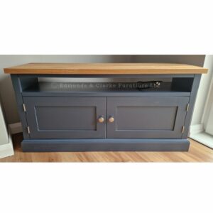 Edmunds standard tv unit painted stiffkey blue with square edge oak top
