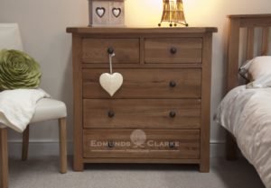 Lavenham solid rustic oak 5 drawer chest, rustic round handles, two drawers with 3 long drawers under