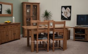 rustic oak extending dining table. with one leaf extends to 165cm and 2 leaves extends to 198cm square chunky legs