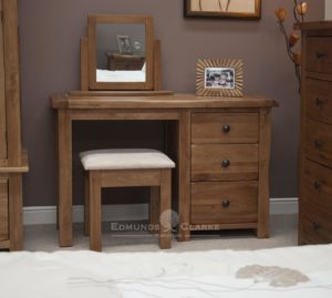 Lavenham solid rustic oak dressing table & stool . three drawers with rustic black knobs