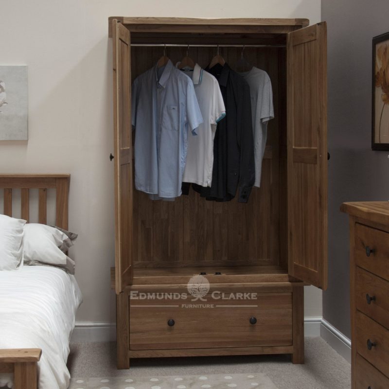 Lavenham rustic oak wardrobe with two doors and large deep drawer below