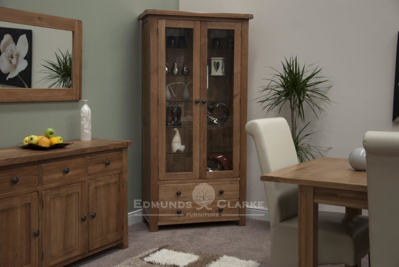 Lavenham Solid rustic oak glass display cabinet with 2 drawers, rustic knobs and 5 adjustable glass shelves