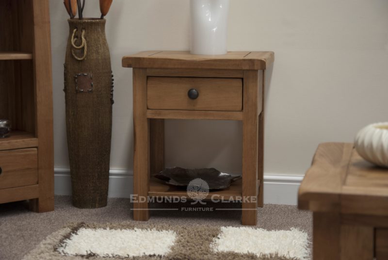 Lavenham solid oak sofa lamp table with 1 drawer and shelf under. pewter knobs as standard