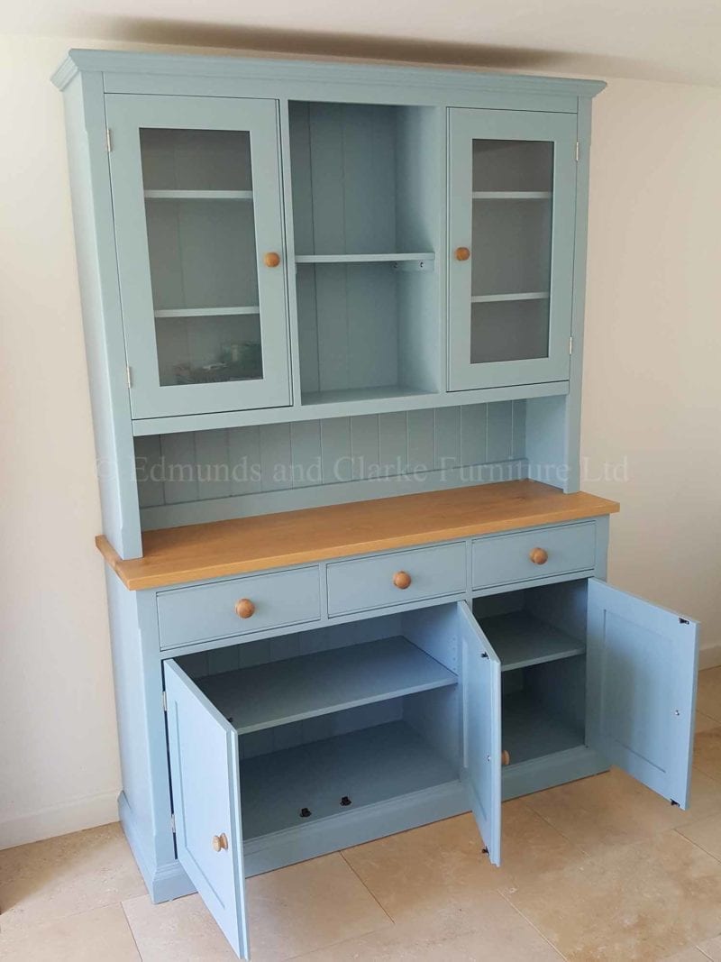 5ft painted glazed dresser with glazed rack and three door three drawer sideboard