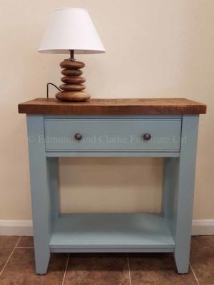 Edmunds Painted Console Table. rough sawn pine top stained dark for rustic look. tapered feet