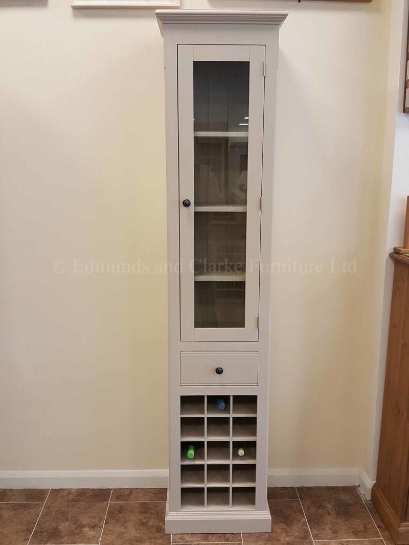 Painted narrow kitchen cupboard with wine rack