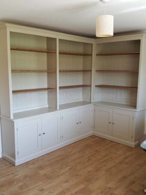 Edmunds painted corner library bookcase. various colour, shelving and knob option