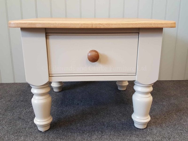 Edmunds Painted 1 Drawer Coffee Table. image showing oak top with round oak knob on the drawer. turned legs. various options available only at edmunds clarke