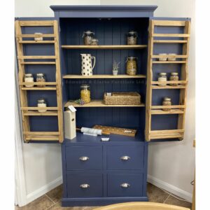 Edmunds Larder cupboard doors open in stiffkey blue