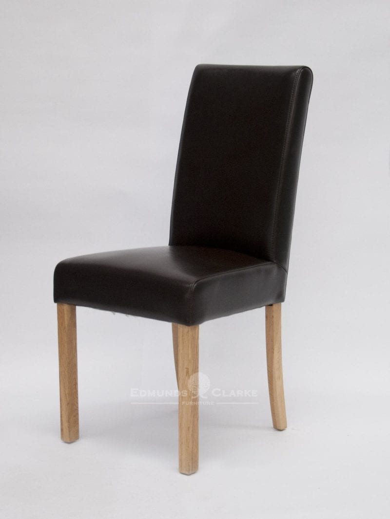 Mariana Brown Bycast Leather dining chair with high back and oak legs