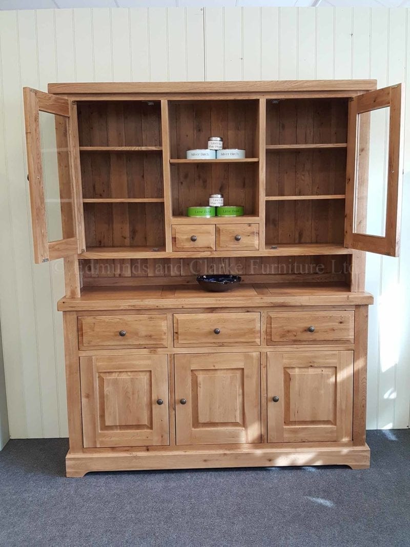 Dresser made from solid oak with glazed doors in rack and loose wine rack in sideboard