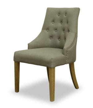 windsor comfort fabric dining chair. dark beige with button back and studded edges. Oak legs
