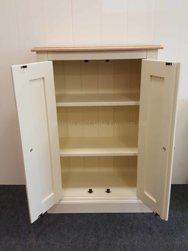 Two door painted cupboard, internal adjustable shelves, oak top